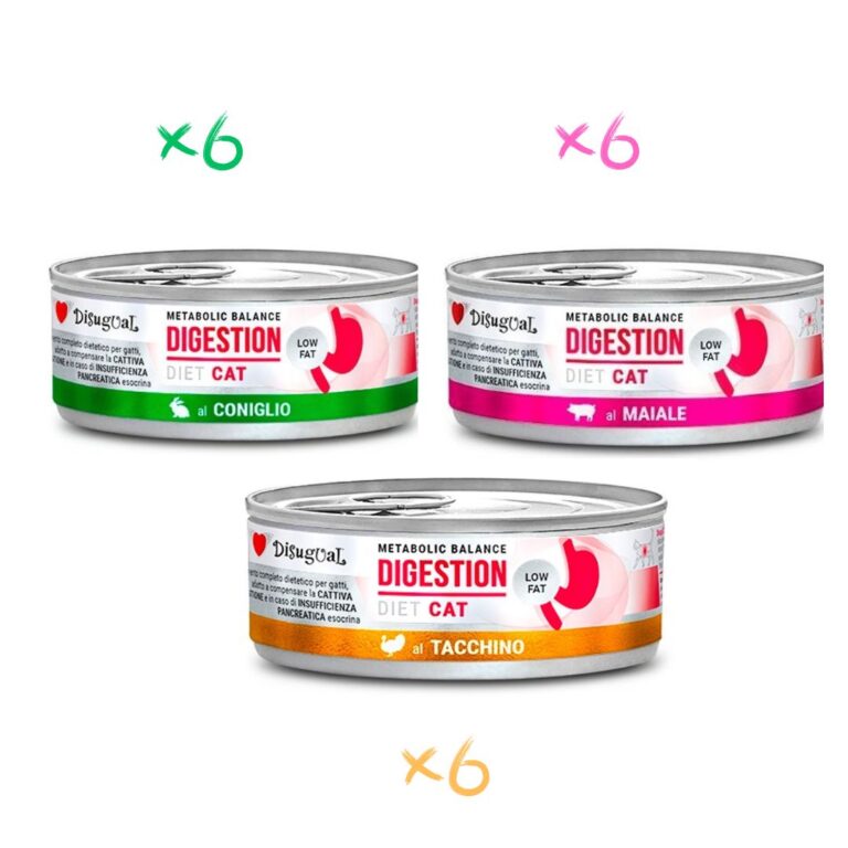 Disugual Digestión Low Fat Gato Pack 18x85Gr Varios Sabores: Cerdo, Conejo y Pavo