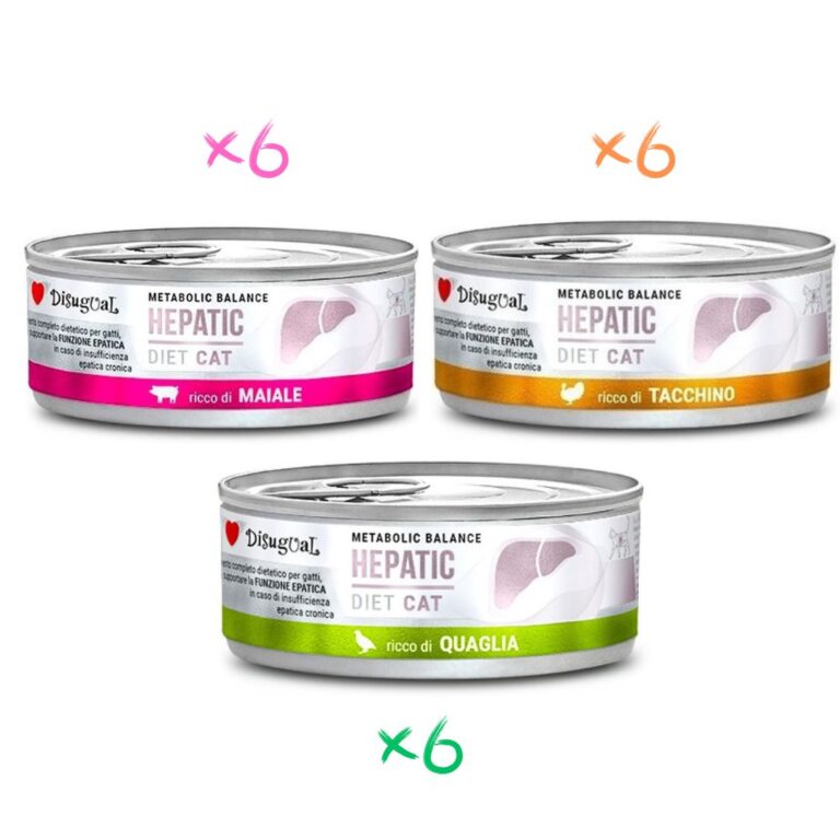 Disugual Hepático Gato Pack 18x85Gr Varios Sabores: Pavo, Codorniz y Cerdo