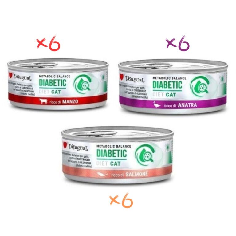 Disugual Diabético Gato Pack 18x85Gr Varios Sabores: Pato, Ternera y Salmón