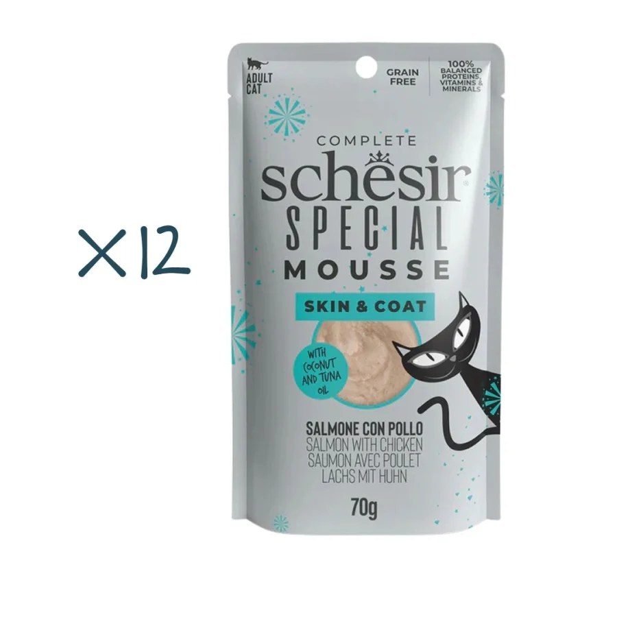 Schesir Special Mousse Alimento Húmedo Completo 12 X 70 Gr Skin&Coat salmón con pollo