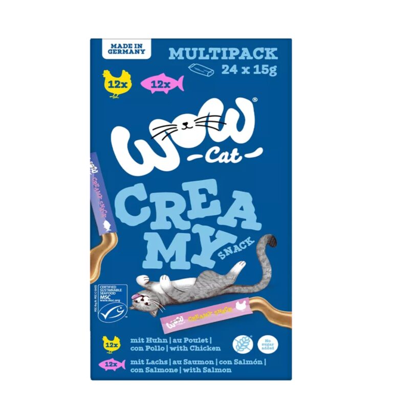 WOW CAT SNACK CREAMY MULTIPACK SALMÓN Y POLLO GATO 24X15GR